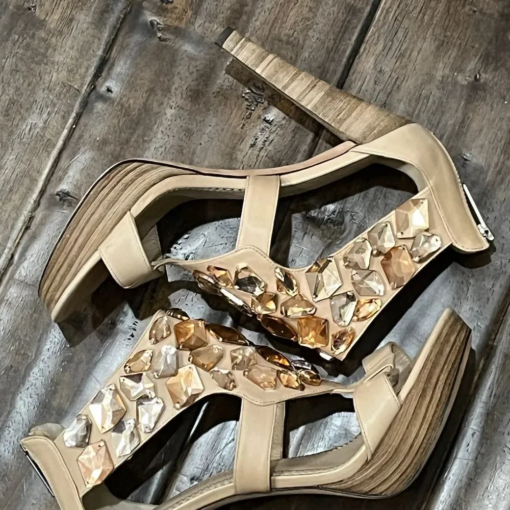 Jean-Michel Cazabat Crystal‎ Embellished Platform Leather High Heels Nude Sz 7.5